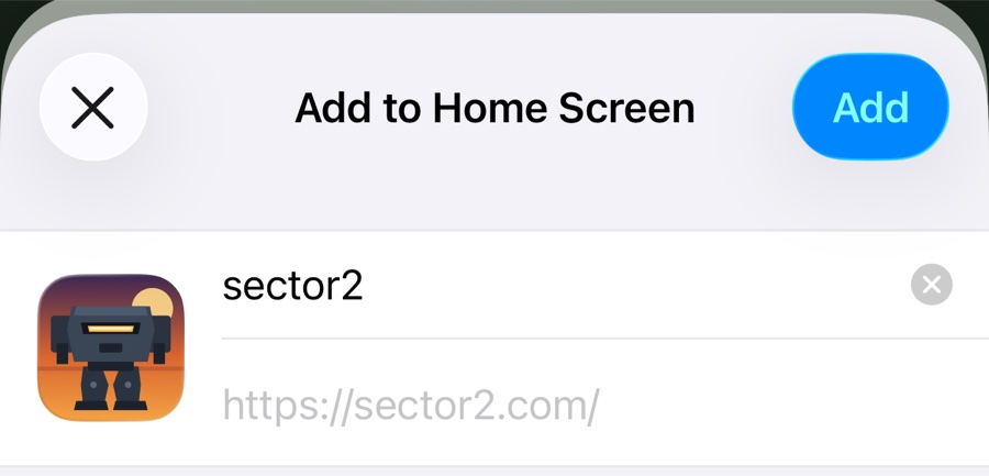 Add to Home Screen dialog showing the sector2 icon and an Add button