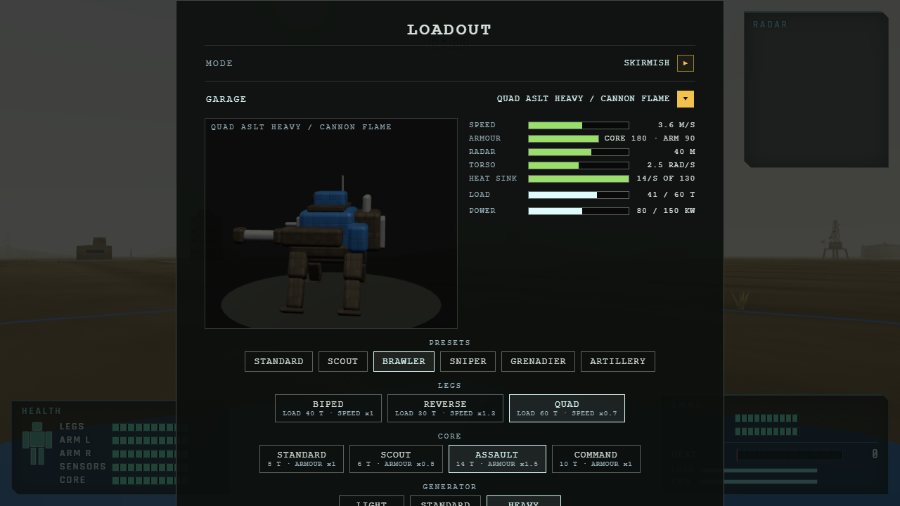 The garage screen: a turning preview of the mech, stat bars for speed, armour, radar, torso and heat sink, and the load and power budget