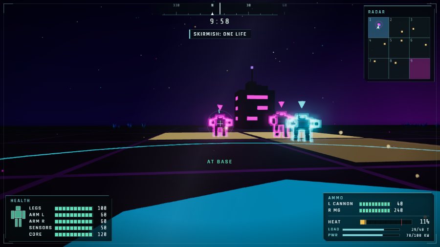 A night firefight in the neon arena, tracers and muzzle flashes against black blocks with lit window strips